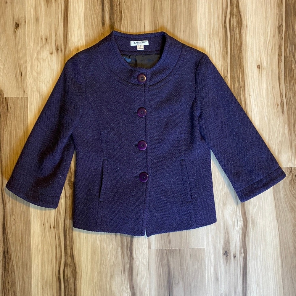 Pendleton Petite Purple Herringbone Wool Blazer Jacket Buttons Size 8P Vintage